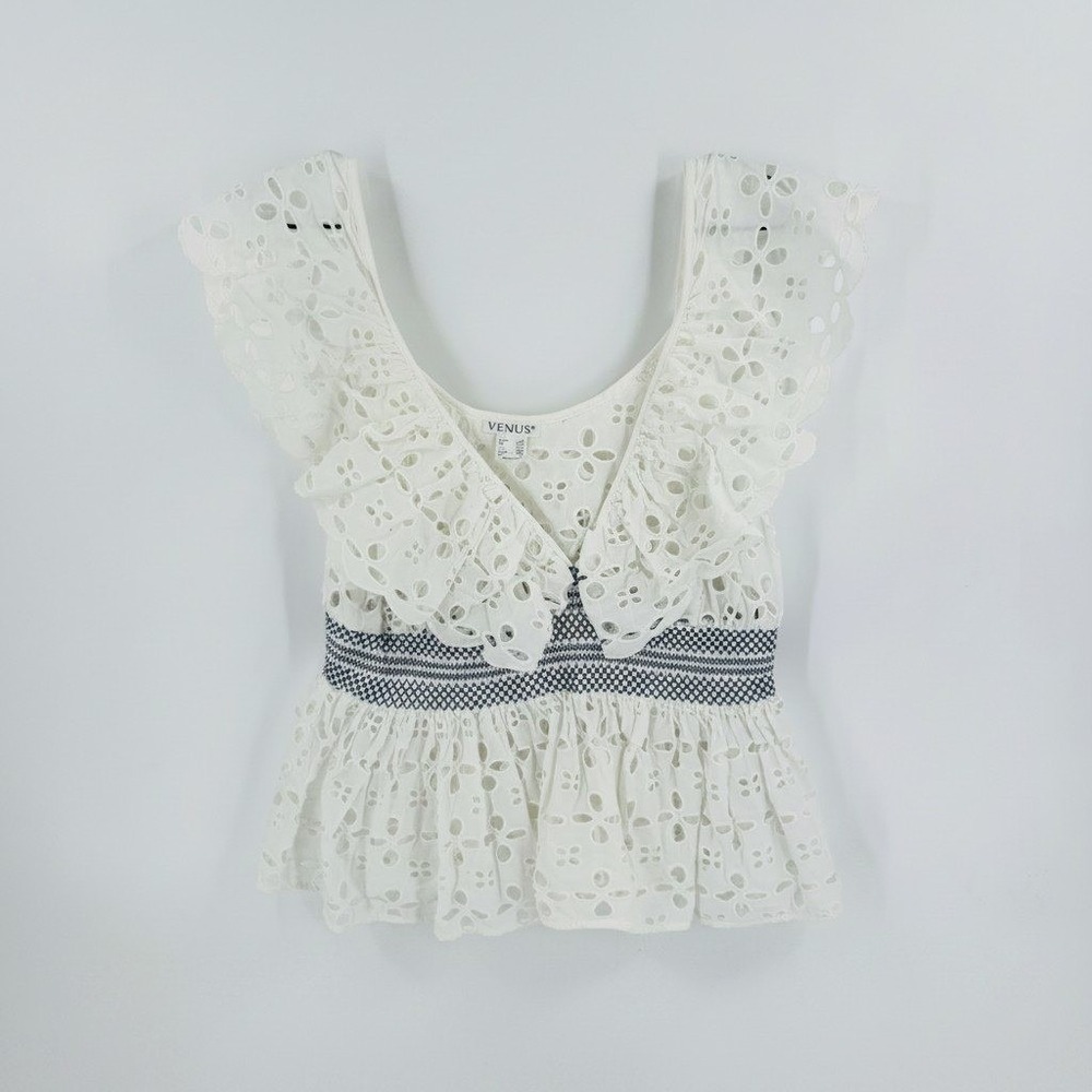 Venus Eyelet Ruffle Peplum Top White Smocked Waist Cotton Sleeveless Size XL